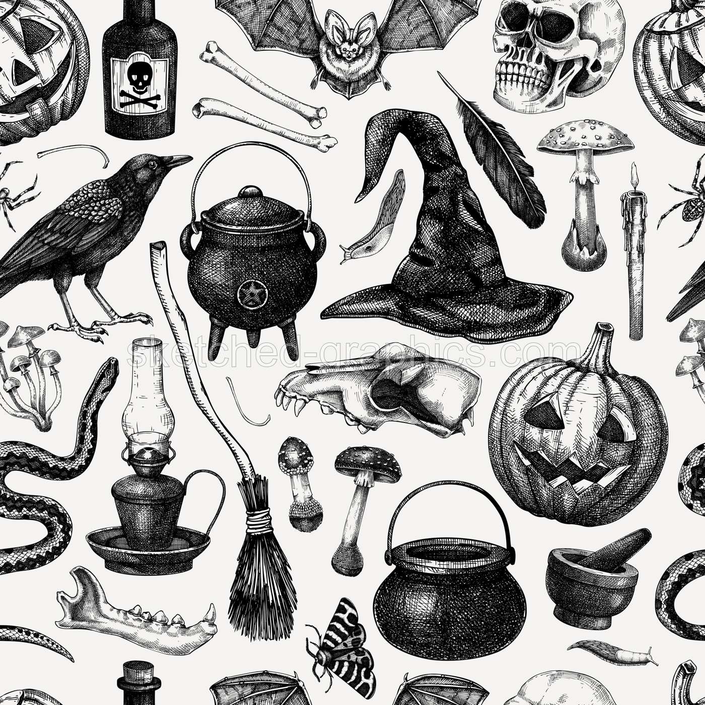 Halloween seamless pattern. Hand drawn vector illustration. Skulls, bones, pumpkin, poisonous mushrooms, snakes, raven sketches. Autumn holiday background. Vintage Halloween design elements Illustration